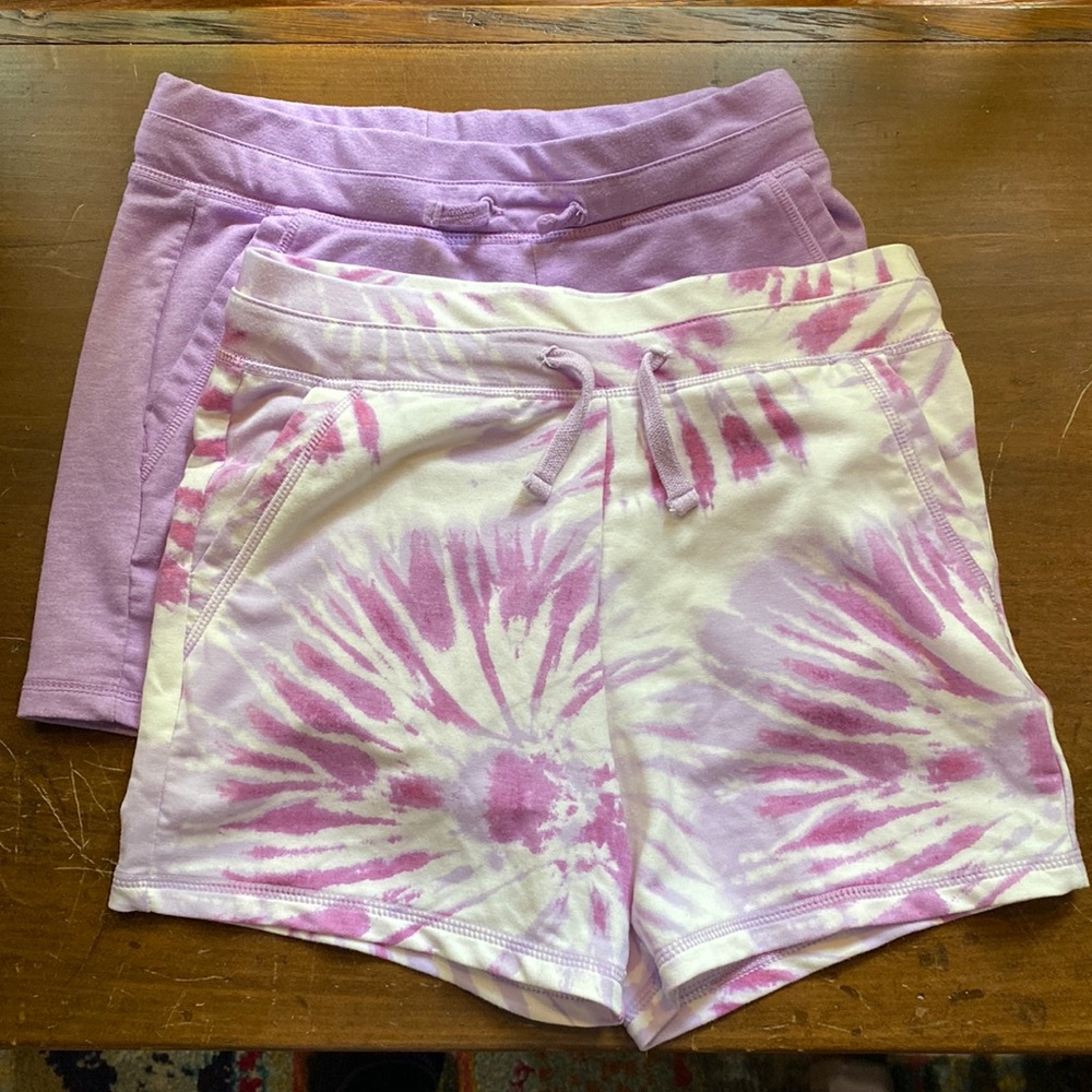 Girls shorts 2 pair, 10/12, soft elastic pull on pockets purple pink tie dye